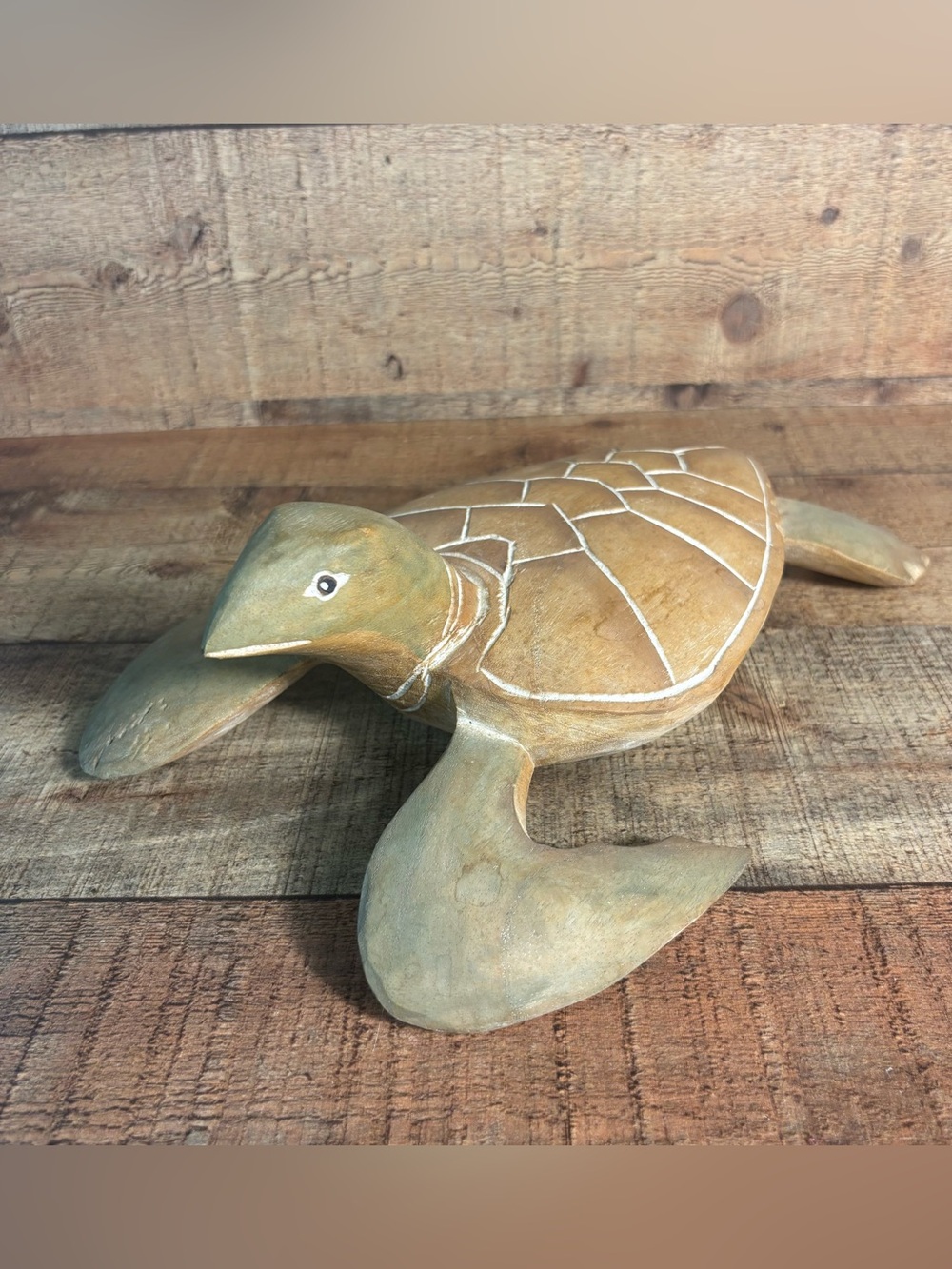 Vtg Hand Carved 11” Wooden Sea Turtle Figurine - Nautical Boho Coastal Wood Art - Picture 2 of 8